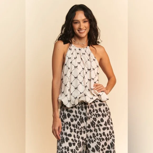 Davi & Dani Ribbon Checker Printed Tie Halter Neck Blouse Top🆕 - Picture 8 of 8